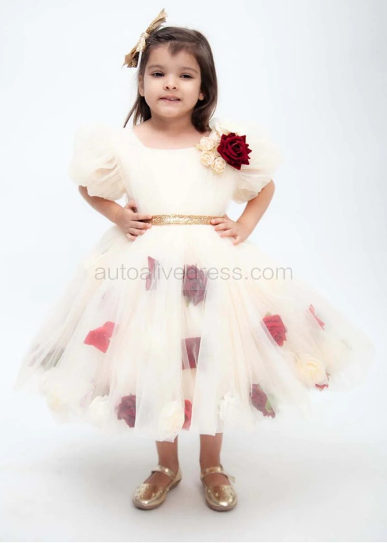 Puff Sleeves Tulle Tea Length Floral Flower Girl Dress